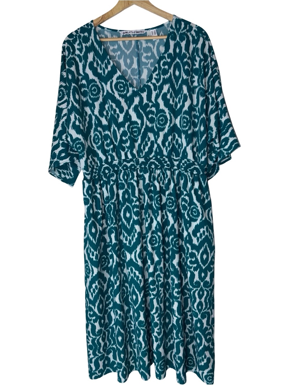 Girl with curves Teal Patterned V-Neck Midi Dress XL with pockets